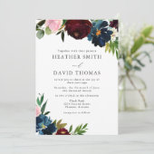 水彩ネイビーとバーガンディの花の結婚式 招待状 (スタンド正面)