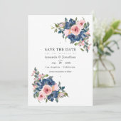 水彩ネイビーとブッシュの花の結婚式写真 セーブザデート (スタンド正面)