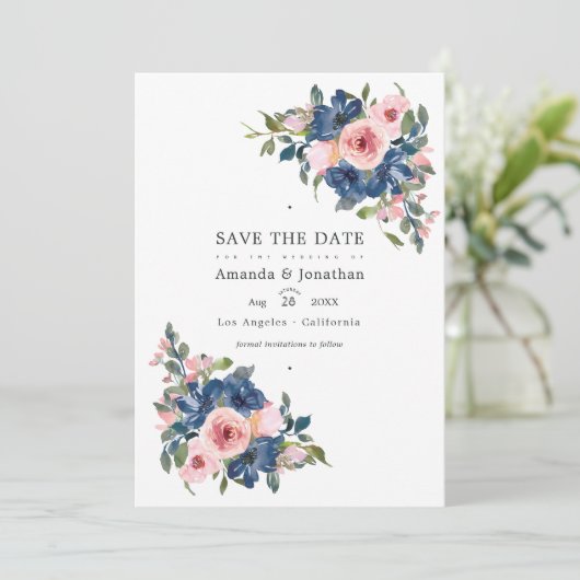 水彩ネイビーとブッシュ フラワー ウェディング フォト セーブザデート (スタンド正面)