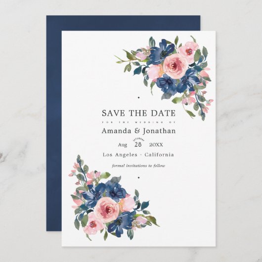 水彩ネイビーとブッシュ フラワー ウェディング フォト セーブザデート (正面/裏面)