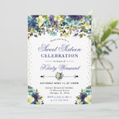 水彩ネイビーとブルーサマーフラワースウィート16 招待状 (スタンド正面)