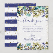 水彩ネイビーとブルーフラワースウィート16 サンキューカード (正面/裏面)