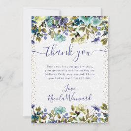 水彩ネイビーとブルーフラワーズ誕生日 サンキューカード