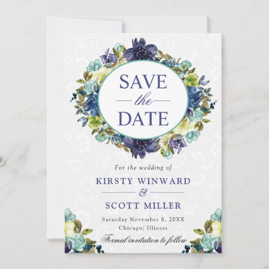 水彩ネイビーとブルーリース結婚ズ セーブザデート (正面)