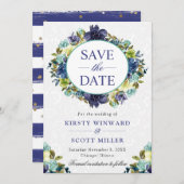 水彩ネイビーとブルーリース結婚ズ セーブザデート (正面/裏面)