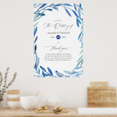 水彩ネイビーインジゴ葉結婚の歓迎 ポスター (キッチン)