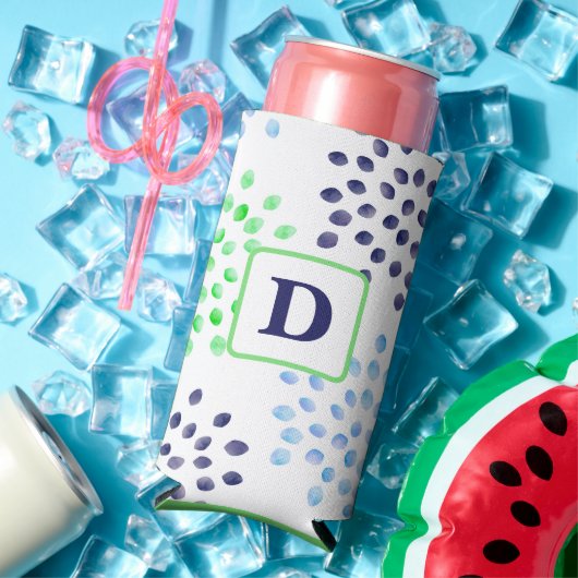 水彩ネイビーグリーンブルームームフラワーモノグラム スリム缶クーラー (インサイチュ 夏)