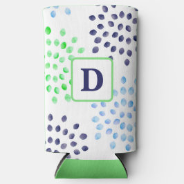 水彩ネイビーグリーンブルームームフラワーモノグラム スリム缶クーラー