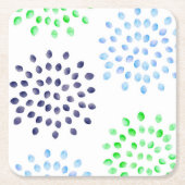 水彩ネイビーグリーンライトブルーの花 スクエアペーパーコースター (正面)