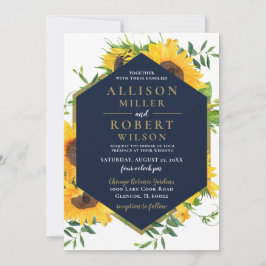 水彩ネイビーブルーひまわりラスティックウェディング 招待状