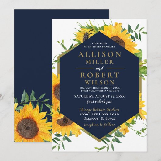 水彩ネイビーブルーひまわりラスティックウェディング 招待状 (正面/裏面)