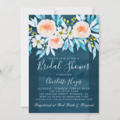 水彩ネイビーブルーエレガントフローラブライダルシャワー 招待状 (正面)