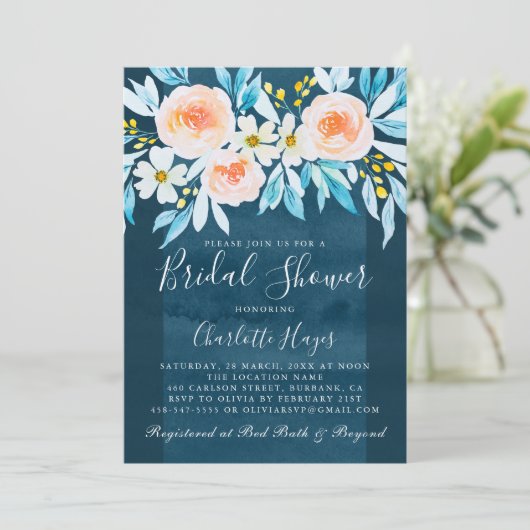 水彩ネイビーブルーエレガントフローラブライダルシャワー 招待状 (スタンド正面)