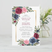 水彩ネイビーブルーブルゴーニュ金ゴールドフローラ 招待状 (スタンド正面)