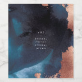 水彩ネイビーブルームーディーズバラ結婚金ゴールド ワインラベル (シングルラベル)