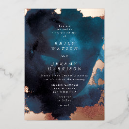 水彩ネイビーブルームーディーズバラ結婚金ゴールド 箔招待状