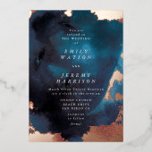 水彩ネイビーブルームーディーズバラ結婚金ゴールド 箔招待状 (正面)