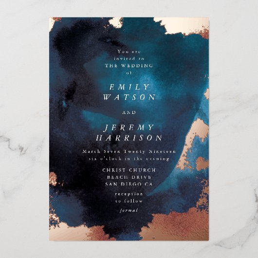 水彩ネイビーブルームーディーズバラ結婚金ゴールド 箔招待状 (正面)