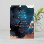 水彩ネイビーブルームーディーズバラ結婚金ゴールド 箔招待状 (立ち正面)