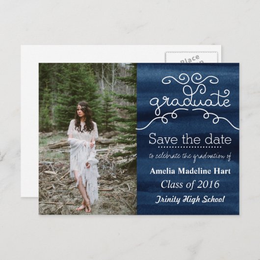 水彩ネイビーブルー大学院Save The Date Photo 案内ポストカード (正面/裏面)