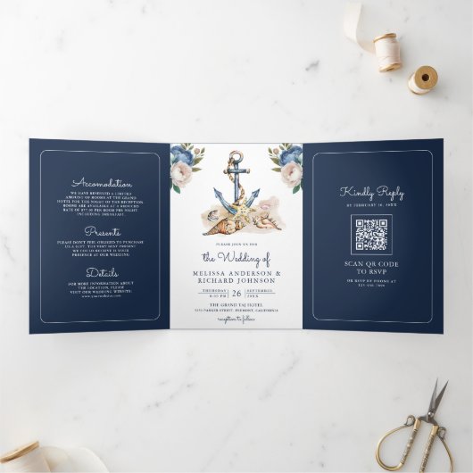 水彩ネイビーブルー花アンカーQRコードウェディング 三つ折り招待状 (内部)