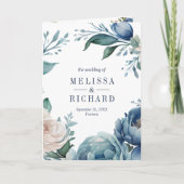 水彩ネイビーブルー花柄アンカーQRコード結婚式 招待状 (正面)