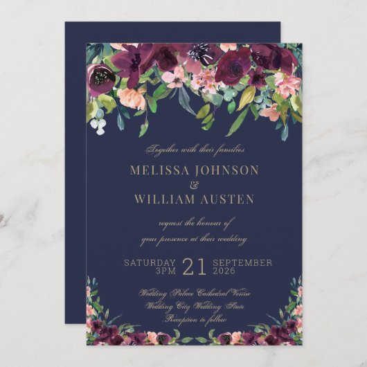 水彩ネイビーブルー金ゴールドブルゴーニュフローラ結婚ズ 招待状 (正面/裏面)