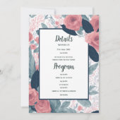 水彩ネイビーブルー ピンク 花卉 詳細プログラム 招待状 (正面)