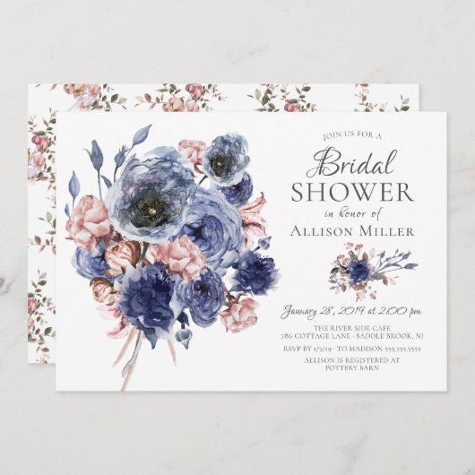 水彩ネイビー赤面フローラブライダルシャワー 招待状 (正面/裏面)