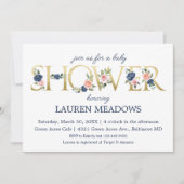 水彩ネイビー&コーラルフローラベビーシャワー 招待状 (正面)