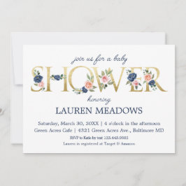 水彩ネイビー&コーラルフローラベビーシャワー 招待状