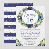 水彩ネイビー&ブルーリーススウィート16 招待状 (正面/裏面)