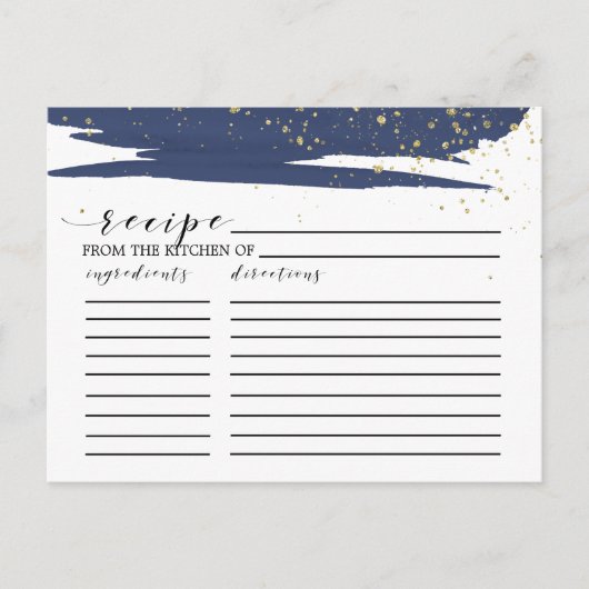 水彩ネイビー&金ゴールドブライダルシャワーレシピカード ポストカード (正面)