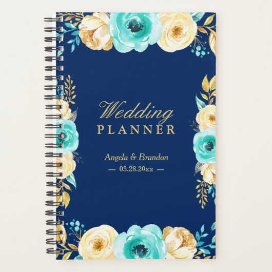 水彩ネービーブルーティール（緑がかった色）金ゴールドフローラ結婚's プランナー手帳 (正面)