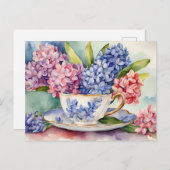 水彩ハイアシンフラワーズインヴィンテージティーカップ ポストカード (正面/裏面)