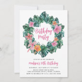 水彩ハイビスカスと熱帯葉誕生日 招待状 (正面)