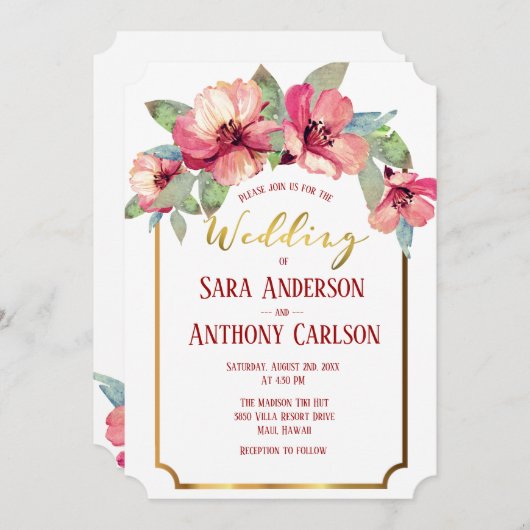 水彩ハイビスカスゴールドフォイルトロピカルズ結婚ズ 招待状 (正面/裏面)
