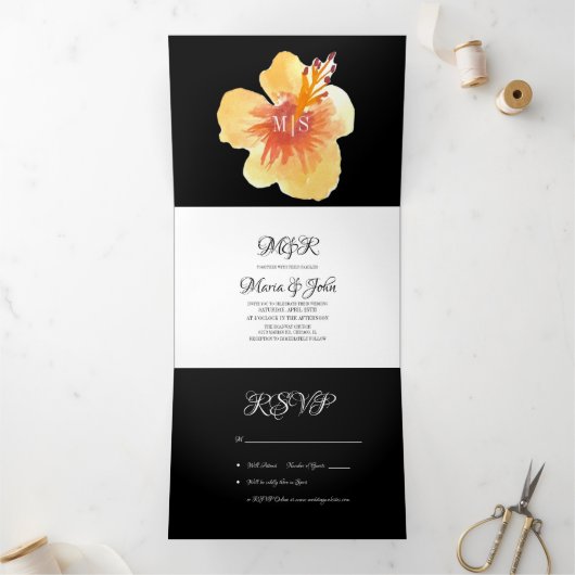 水彩ハイビスカスサマートロピカルイエローオレンジ 三つ折り招待状 (内部)