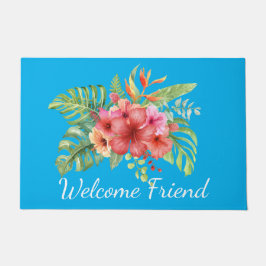 水彩ハイビスカスフラワーウェルカム ドアマット