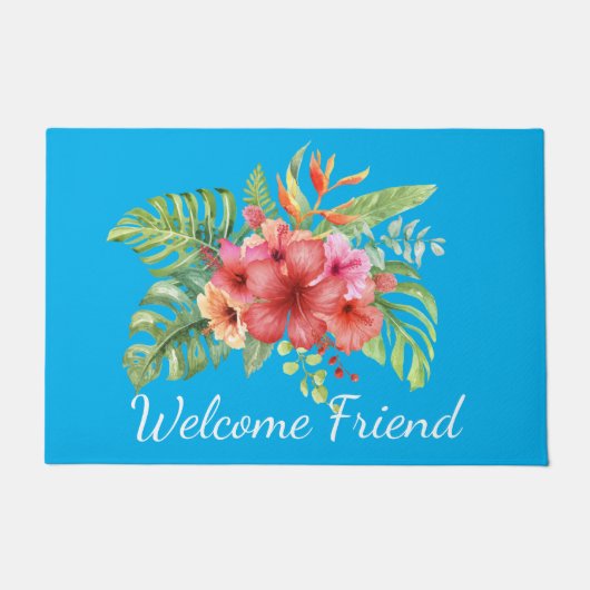 水彩ハイビスカスフラワーウェルカム ドアマット (正面)