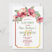 水彩ハイビスカスルアウ（ハワイ式宴会）パーティースウィート16 B'day 招待状 (正面)