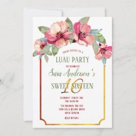 水彩ハイビスカスルアウ（ハワイ式宴会）パーティースウィート16 B'day 招待状