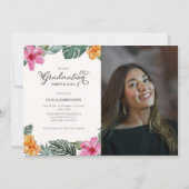 水彩ハイビスカス熱帯ルアウ(ハワイ式宴会)卒業写真 招待状 (正面)