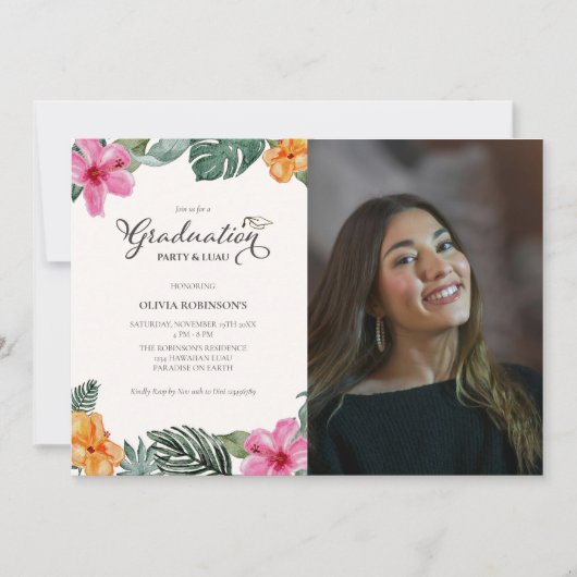 水彩ハイビスカス熱帯ルアウ（ハワイ式宴会）卒業写真 招待状 (正面)