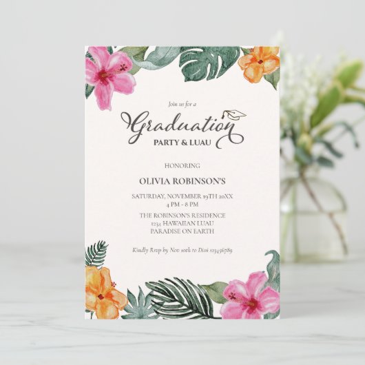 水彩ハイビスカス熱帯卒業写真 招待状 (スタンド正面)