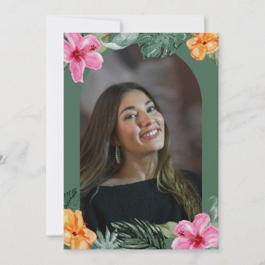 水彩ハイビスカス熱帯卒業写真 招待状 (裏面)