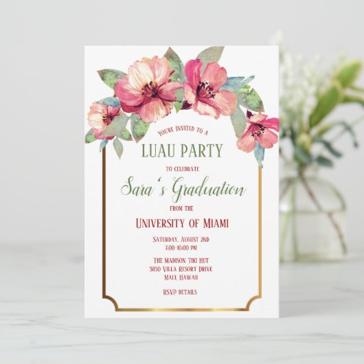 水彩ハイビスカス金ゴールドルアウ(ハワイ式宴会)パーティー卒業 招待状 (スタンド正面)