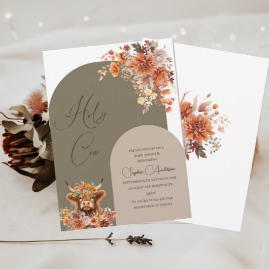 水彩ハイランド牛の赤ちゃんシャワー 招待状