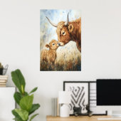 水彩ハイランド牛プリント、動物のいる保育園アート ポスター (ホームオフィス)