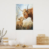 水彩ハイランド牛プリント、動物のいる保育園アート ポスター (キッチン)